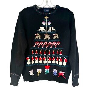 CT‎ Crew Vintage Wool Christmas Sweater Women's Medium Black Reindeer Snowman